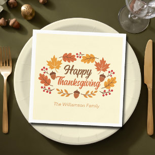 Cute Happy Thanksgiving Leaf Wreath Custom Party Napkin