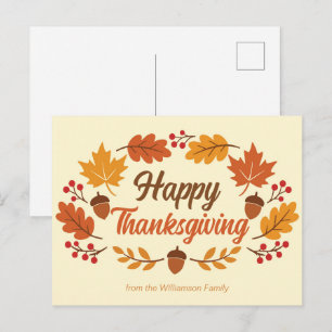 Cute Happy Thanksgiving Leaf Wreath Personalized Holiday Postcard