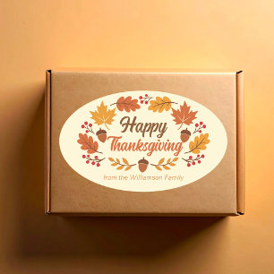Cute Happy Thanksgiving Leaf Wreath Personalized Oval Sticker
