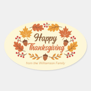 Cute Happy Thanksgiving Leaf Wreath Personalized Oval Sticker