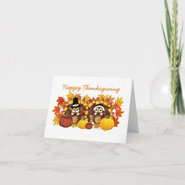 Cute Happy Thanksgiving Pilgrim Owls Holiday Card (Front)