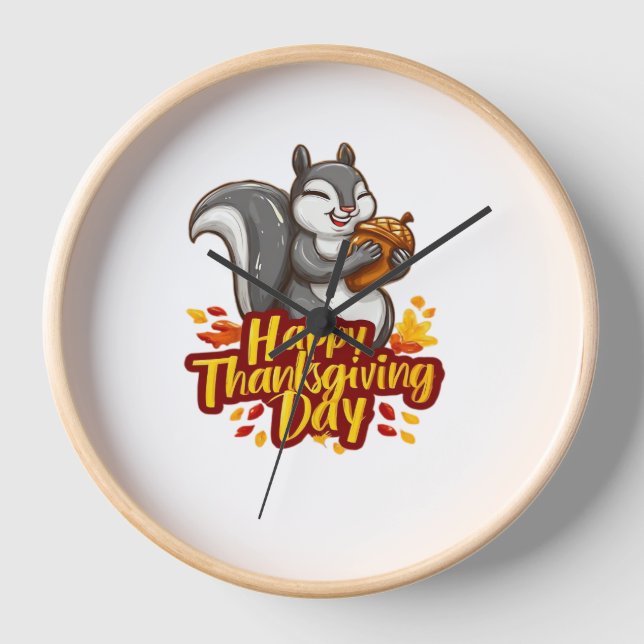 Cute Happy Thanksgiving Squirrel Classic T-Shirt Clock (Front)