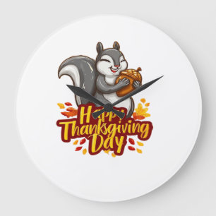 Cute Happy Thanksgiving Squirrel Classic T-Shirt Large Clock