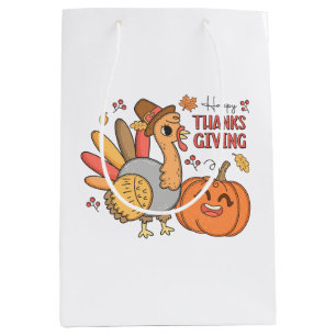 Cute Happy Thanksgiving Turkey Pumpkin Medium Gift Bag