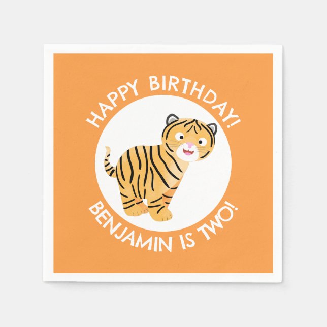 Cute happy tiger cub personalized cartoon birthday napkin (Front)