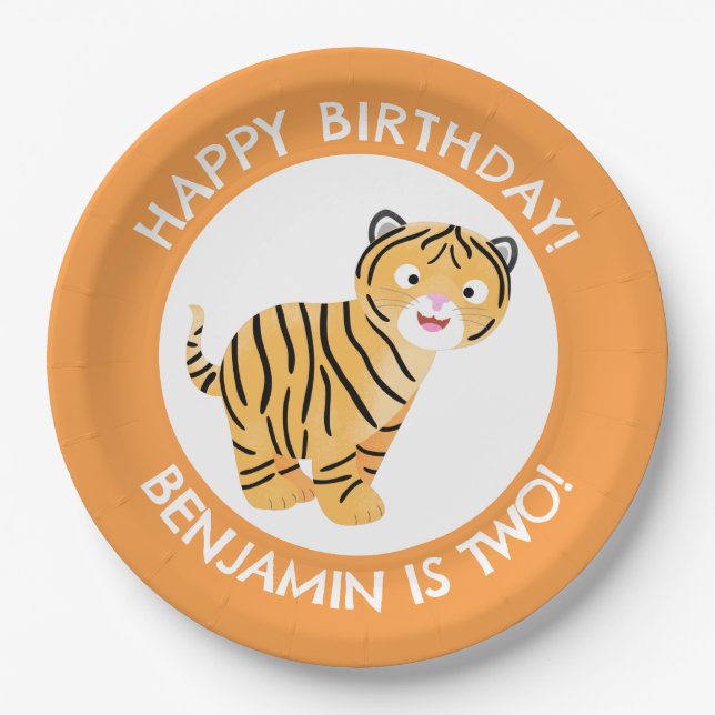 Cute happy tiger cub personalized cartoon birthday paper plate (Front)
