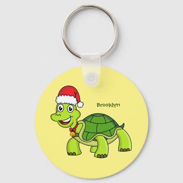 Cute happy tortoise wearing Santa hat Keychain (Front)