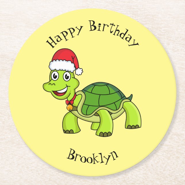 Cute happy tortoise wearing Santa hat Round Paper Coaster (Front)
