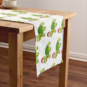 Cute happy tortoise wearing Santa hat Short Table Runner