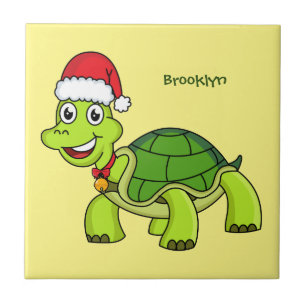 Cute happy tortoise wearing Santa hat Tile
