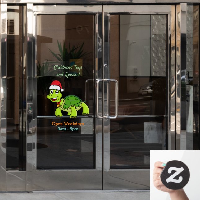 Cute happy tortoise wearing Santa hat Window Cling (Office Door)