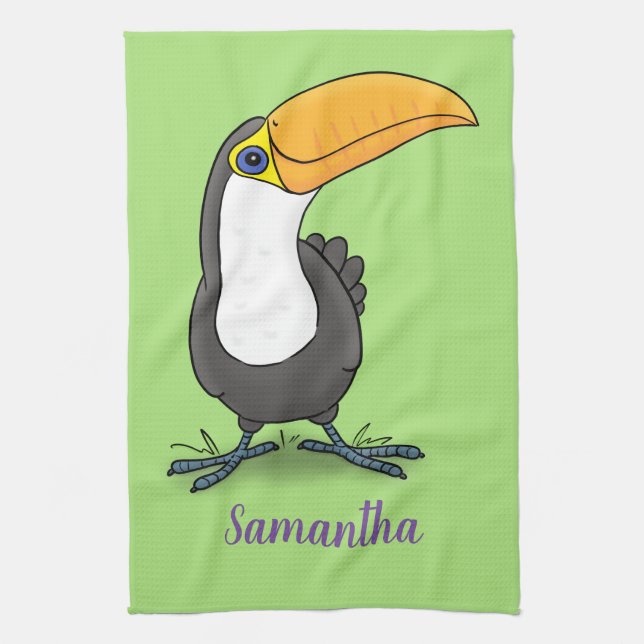 Cute happy toucan cartoon illustration kitchen towel (Vertical)