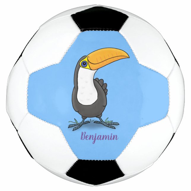 Cute happy toucan cartoon illustration soccer ball (Front)