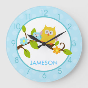 Cute Happy Tree Owls Round Wall Clock (Blue)