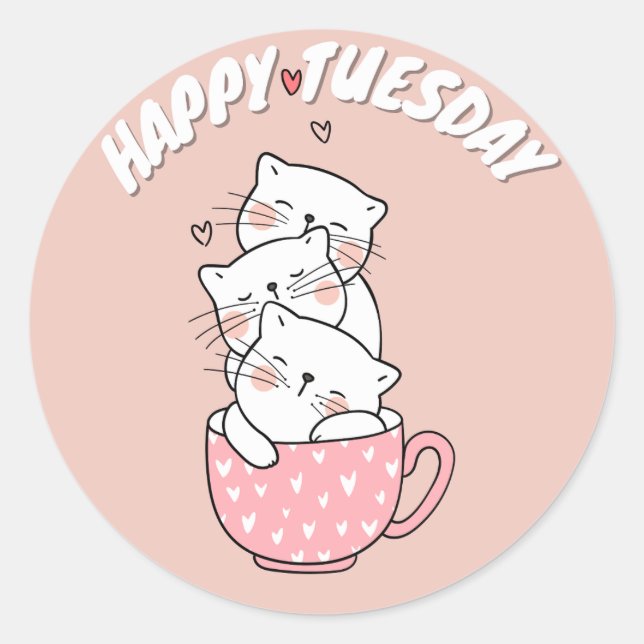 CUTE HAPPY TUESDAY CAT CLASSIC ROUND STICKER (Front)