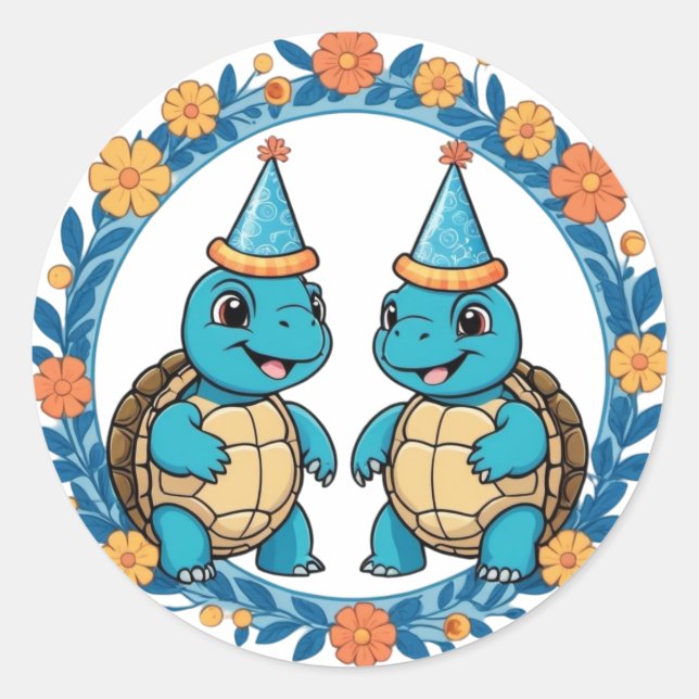 Cute Happy Turtle Birthday Party Classic Round Sticker (Front)