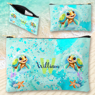 Cute Happy Turtle Boy Ocean Blue Turquoise Name Accessory Pouch