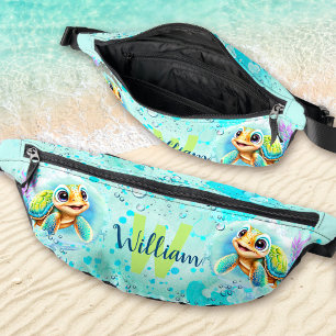 Cute Happy Turtle Boy Ocean Turquoise Name Fanny Pack