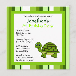 Cute Happy Turtle w/ Stripes Birthday Invite