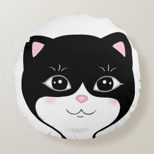 Cute Happy Tuxedo Cat Face Round Pillow