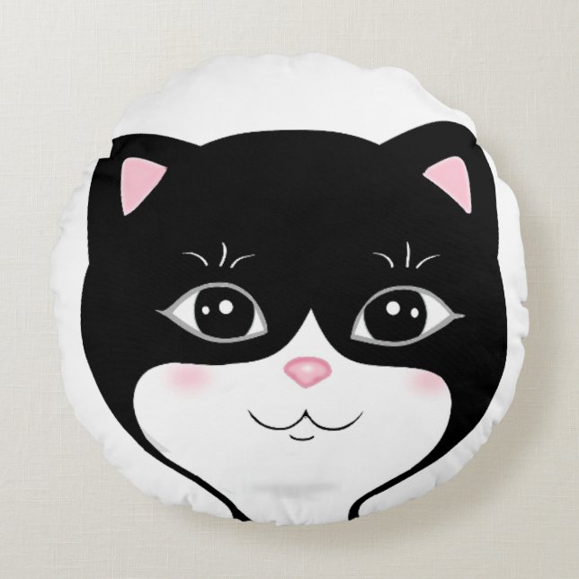 Cute Happy Tuxedo Cat Face Round Pillow (Front)