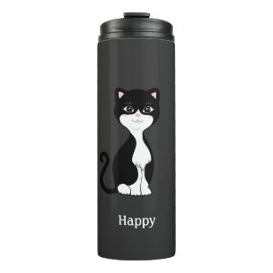 Cute Happy Tuxedo Cat on Almost Black Thermal Tumbler
