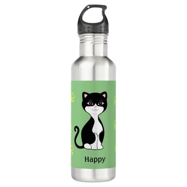 Cute Happy Tuxedo Cat on Light Green 710 Ml Water Bottle (Front)
