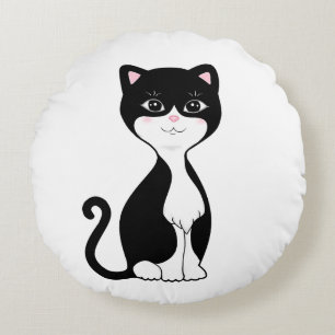 Cute Happy Tuxedo Cat Round Pillow