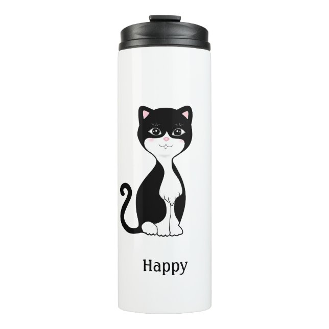 Cute Happy Tuxedo Cat Thermal Tumbler (Front)