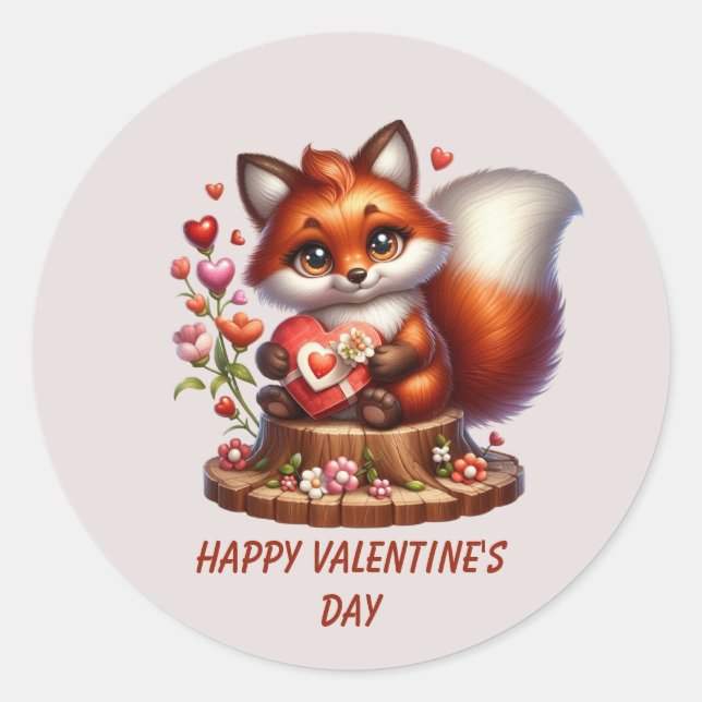 Cute Happy Valentine's day fox  Classic Round Sticker (Front)