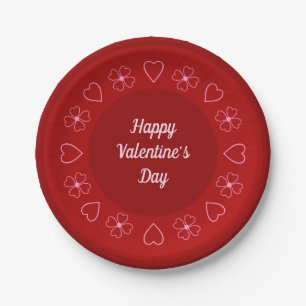 Cute Happy Valentine's Day Hearts and flowers Red Paper Plate