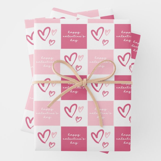 Cute Happy Valentine's Day Pink Hearts Pattern Wrapping Paper Sheet (In situ)