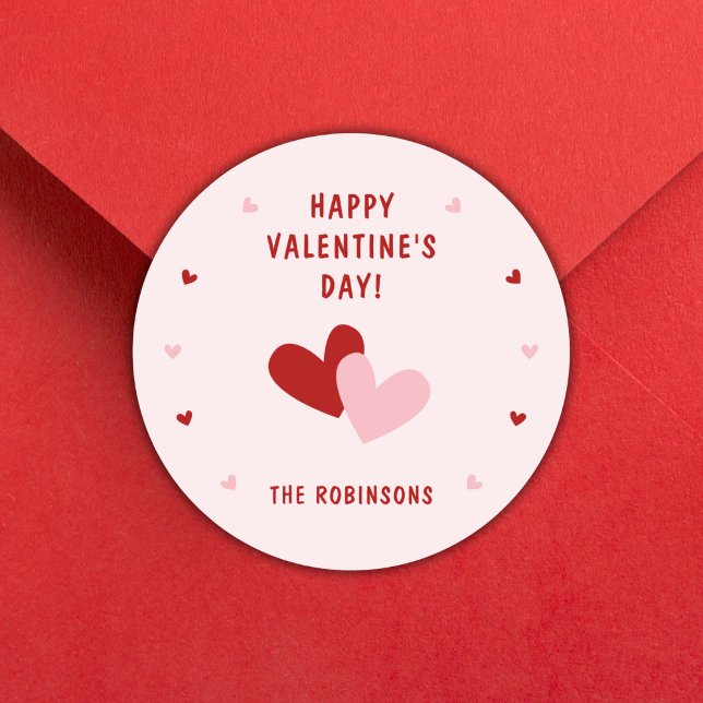 Cute  Happy Valentine's Day Red Hearts Custom Name Classic Round Sticker (Creator Uploaded)