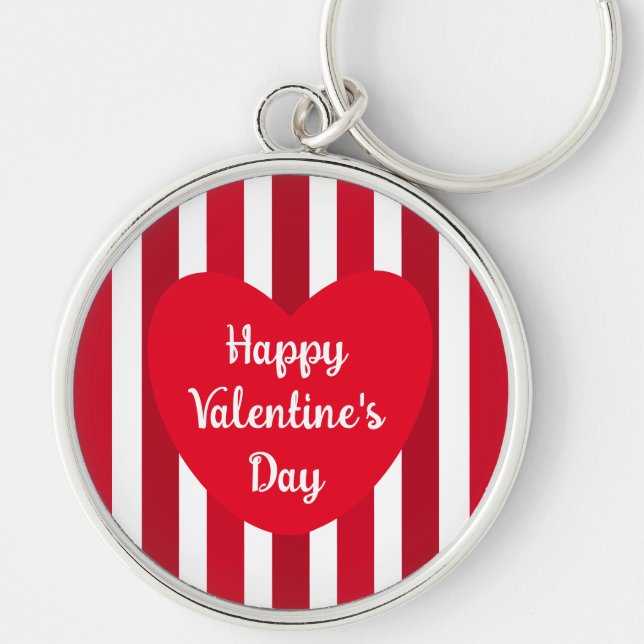 Cute Happy Valentine's Day Red Striped Simple Keychain (Front)