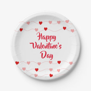 Cute Happy Valentines Day String Hearts Red Pink Paper Plate