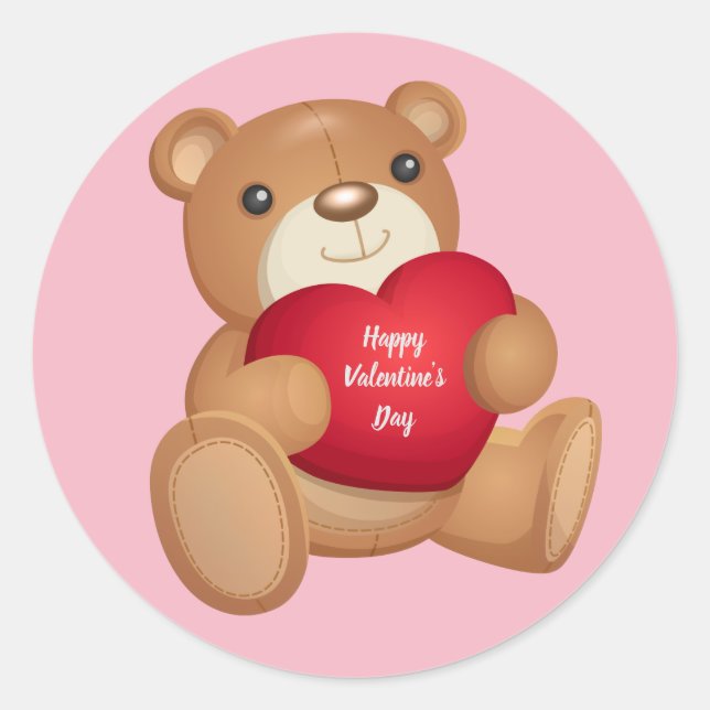 Cute Happy Valentine's Day Teddy Bear Classic Round Sticker (Front)