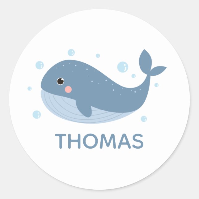 Cute Happy Whale Personalised Classic Round Sticker (Front)