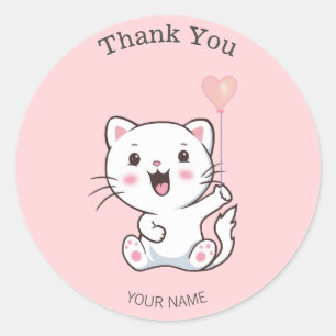Cute Happy White Cat with Heart Balloon Thank You Classic Round Sticker