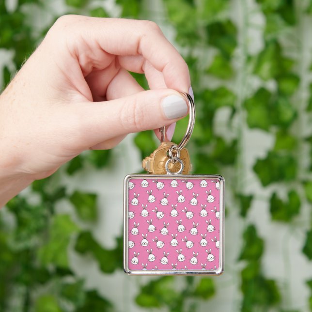 Cute Happy White Easter Bunny on Pink Keychain (Hand)
