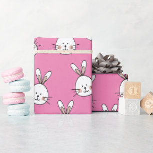 Cute Happy White Easter Bunny on Pink Wrapping Paper