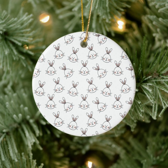 Cute Happy White Easter Bunny Pattern Ceramic Ornament (Tree)