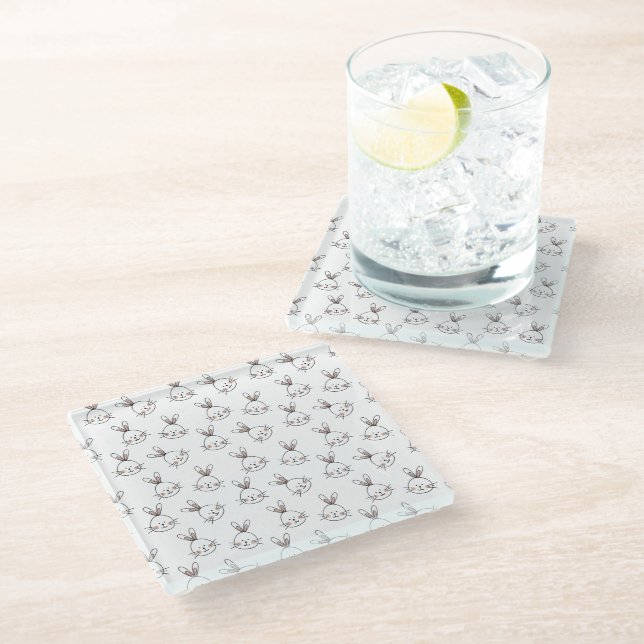 Cute Happy White Easter Bunny Pattern Glass Coaster (Angled)