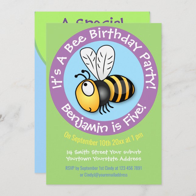 Cute happy yellow bee cartoon illustration invitation (Front/Back)