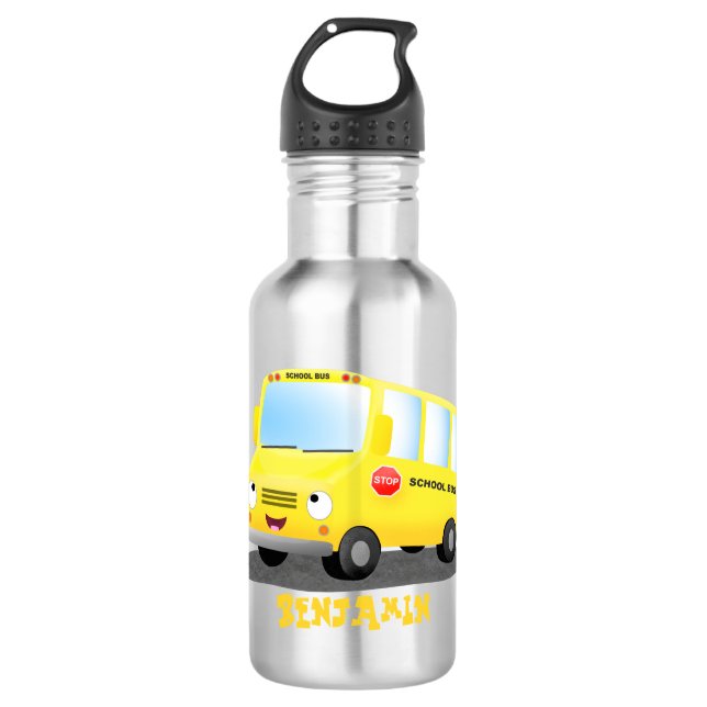 Cute happy yellow school bus cartoon 532 ml water bottle (Front)