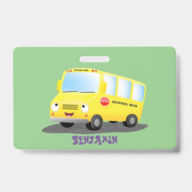 Cute happy yellow school bus cartoon  badge (Front)