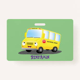 Cute happy yellow school bus cartoon  badge