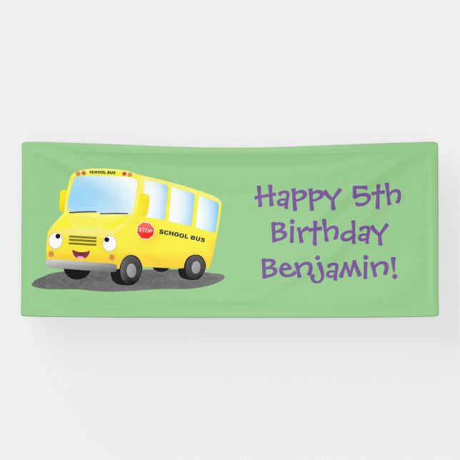 Cute happy yellow school bus cartoon banner (Horizontal)