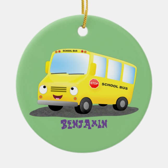 Cute happy yellow school bus cartoon ceramic ornament (Front)