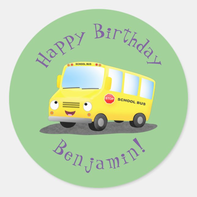 Cute happy yellow school bus cartoon classic round sticker (Front)