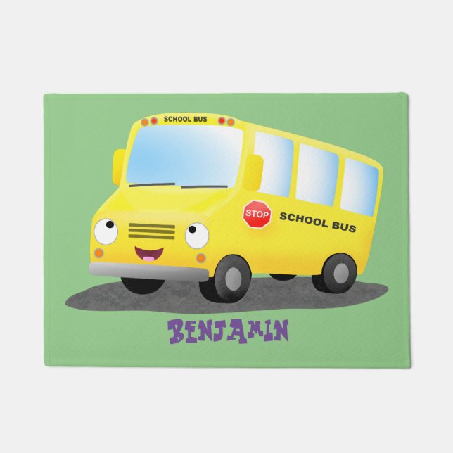 Cute happy yellow school bus cartoon doormat (Front)
